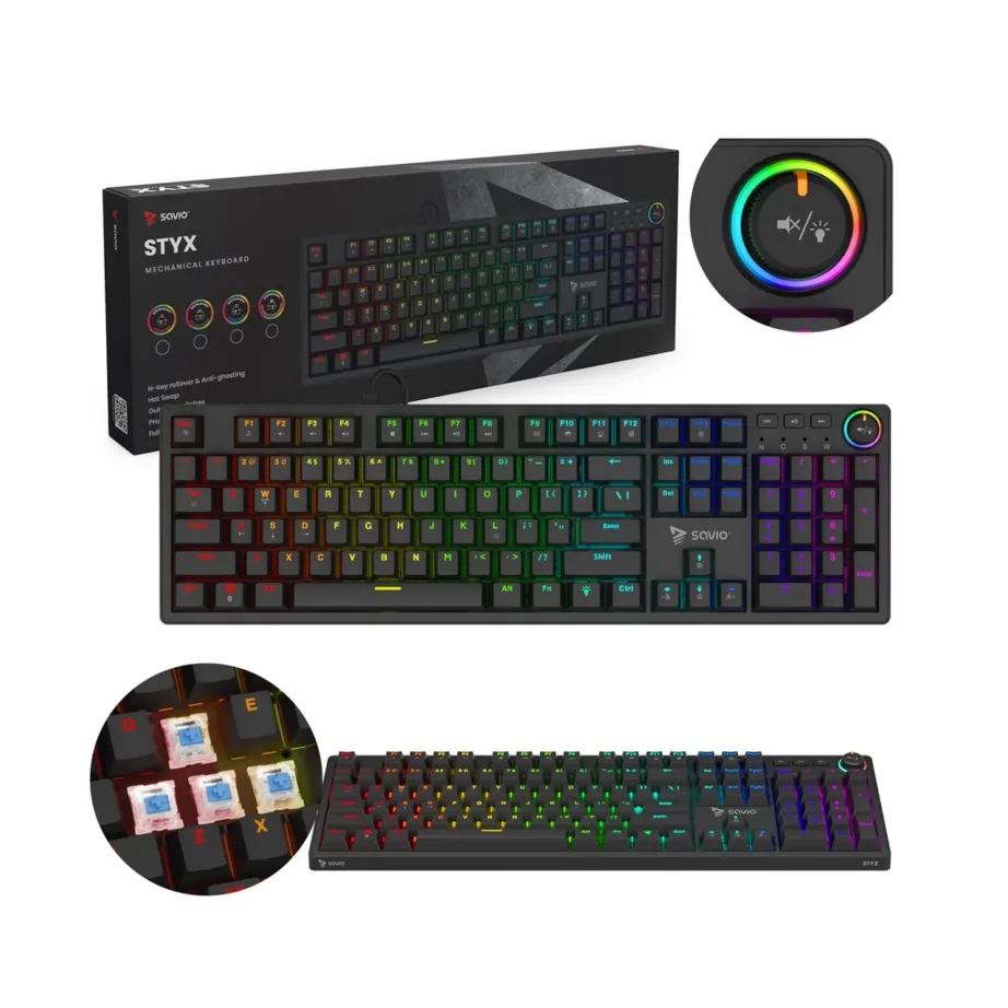 Savio STYX Blue 442x135x34 mm täismõõdus mänguriklaviatuur, Outemu Blue Hot Swap lülitid, RGB-taustvalgus, USB-C, 104 klahvi