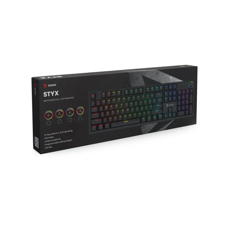 SAVIO STYX PEACH SILENT täissuuruses mehaaniline klaviatuur 442x135x34 mm, Outemu Peach Silent lülitid, Hot-Swap, RGB-taustvalgustus, must, USB-A/USB-C