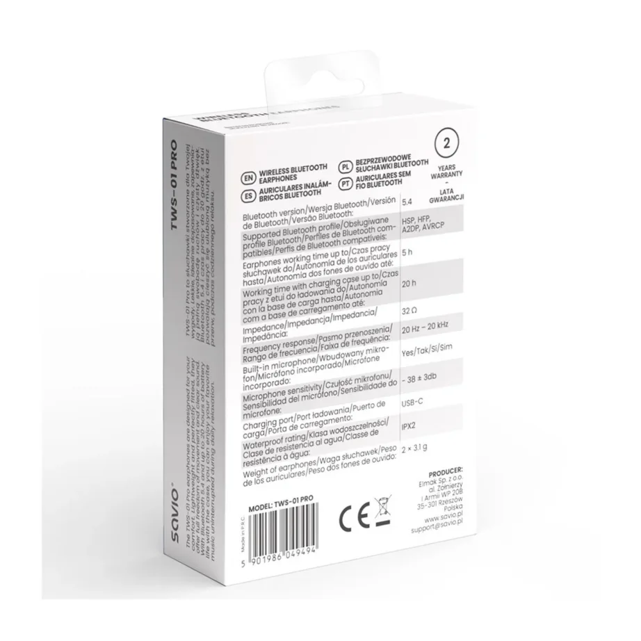 SAVIO TWS-01 PRO valged juhtmevabad in-ear kõrvaklapid, Bluetooth 5.4, USB-C laadimisümbris, muusika ja igapäevaseks kasutuseks – 2