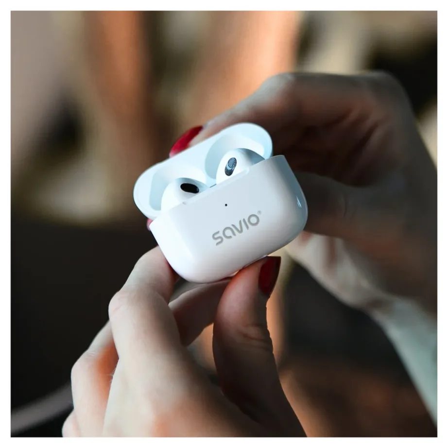 SAVIO TWS-01 PRO valged juhtmevabad in-ear kõrvaklapid, Bluetooth 5.4, USB-C laadimisümbris, muusika ja igapäevaseks kasutuseks – 11