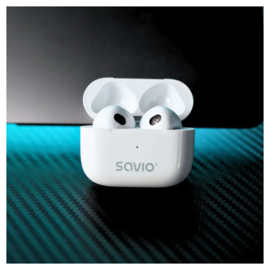 SAVIO TWS-01 PRO valged juhtmevabad in-ear kõrvaklapid, Bluetooth 5.4, USB-C laadimisümbris, muusika ja igapäevaseks kasutuseks – 12