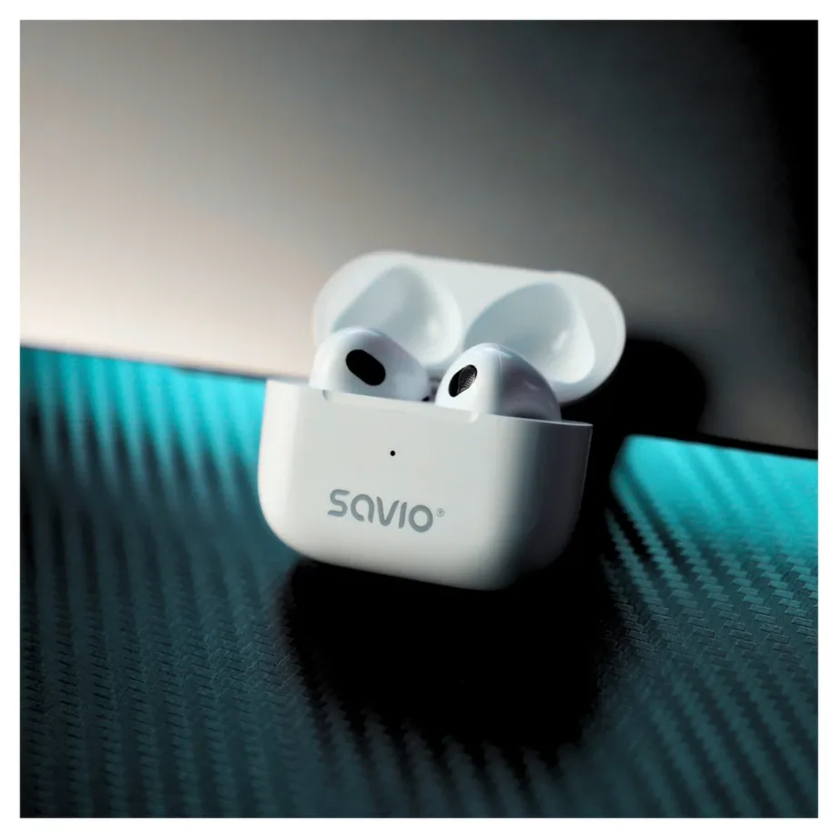 SAVIO TWS-01 PRO valged juhtmevabad in-ear kõrvaklapid, Bluetooth 5.4, USB-C laadimisümbris, muusika ja igapäevaseks kasutuseks – 4