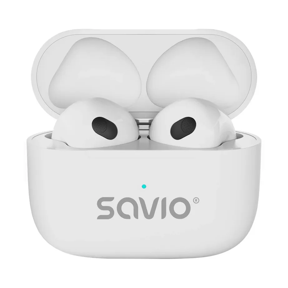 SAVIO TWS-01 PRO valged juhtmevabad in-ear kõrvaklapid, Bluetooth 5.4, USB-C laadimisümbris, muusika ja igapäevaseks kasutuseks – 7