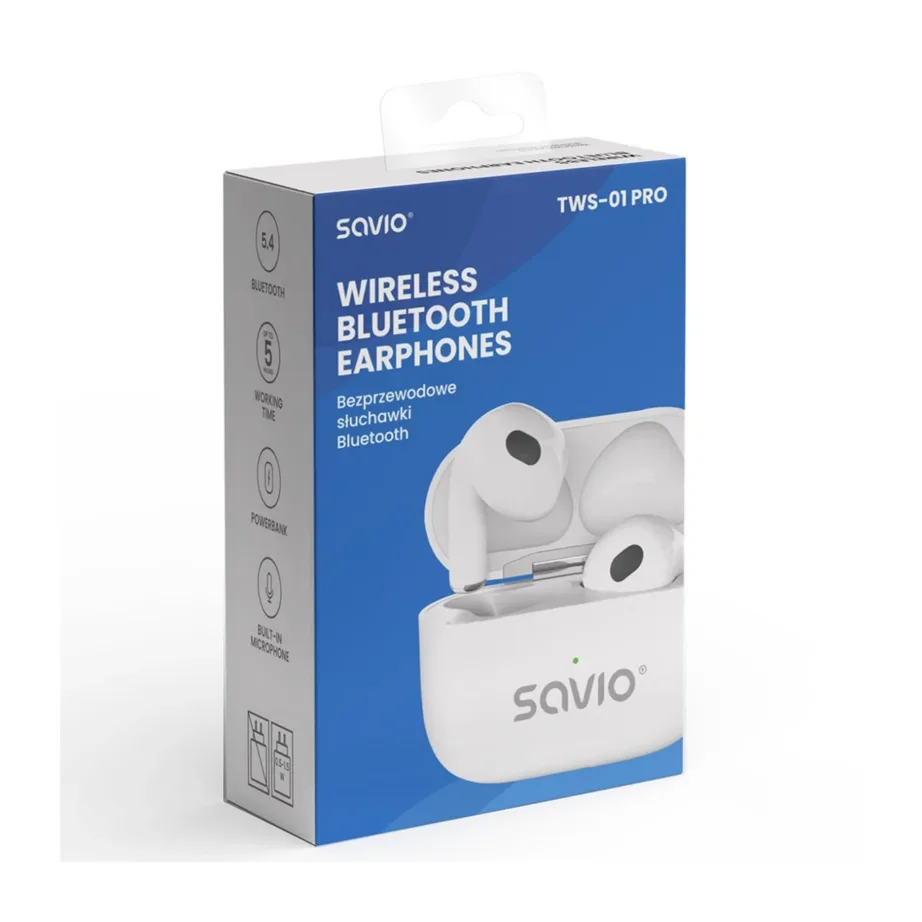 SAVIO TWS-01 PRO valged juhtmevabad in-ear kõrvaklapid, Bluetooth 5.4, USB-C laadimisümbris, muusika ja igapäevaseks kasutuseks – 10
