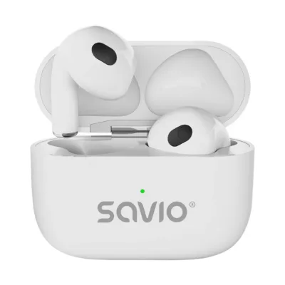SAVIO TWS-01 PRO valged juhtmevabad in-ear kõrvaklapid, Bluetooth 5.4, USB-C laadimisümbris, muusika ja igapäevaseks kasutuseks