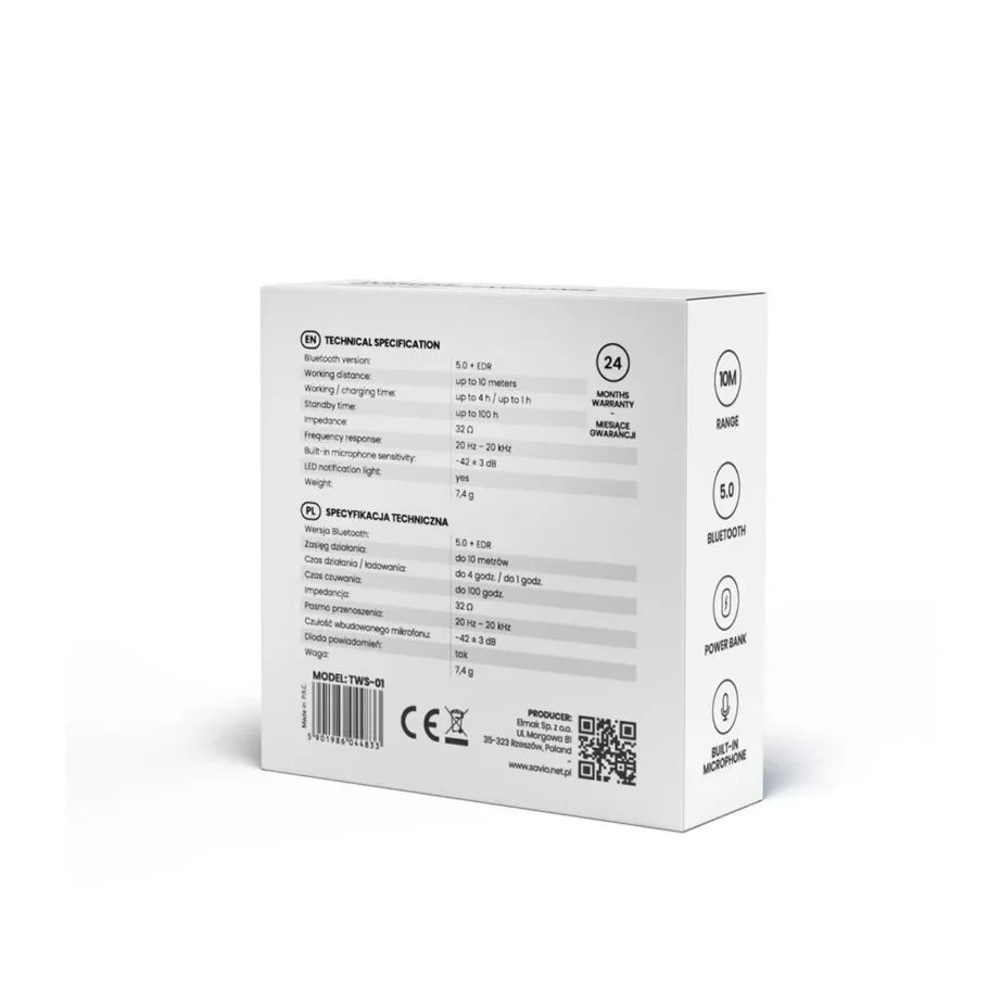 Savio TWS-01 valged juhtmevabad in-ear Bluetooth kõrvaklapid, mürasummutavad, laetava akuga, 7,4 g, veekindlad, universaalne ühilduvus - 2