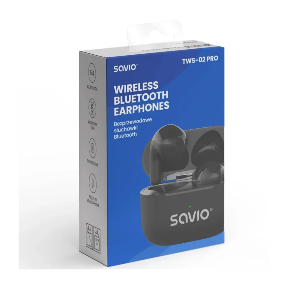 SAVIO TWS-02 PRO mustad IPX2 juhtmevabad in-ear kõrvaklapid Bluetooth 5.4, USB-C laadimiskarbiga, muusika ja igapäevase kasutuse jaoks - 8