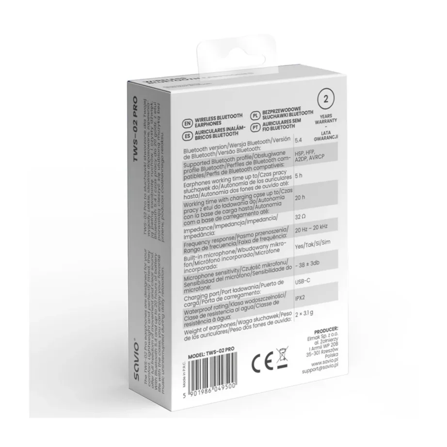SAVIO TWS-02 PRO mustad IPX2 juhtmevabad in-ear kõrvaklapid Bluetooth 5.4, USB-C laadimiskarbiga, muusika ja igapäevase kasutuse jaoks - 9