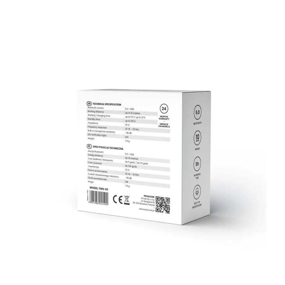 Savio TWS-03 mustad juhtmevabad in-ear kõrvaklapid laadimiskarbiga, 5 tundi kõneaega - 2
