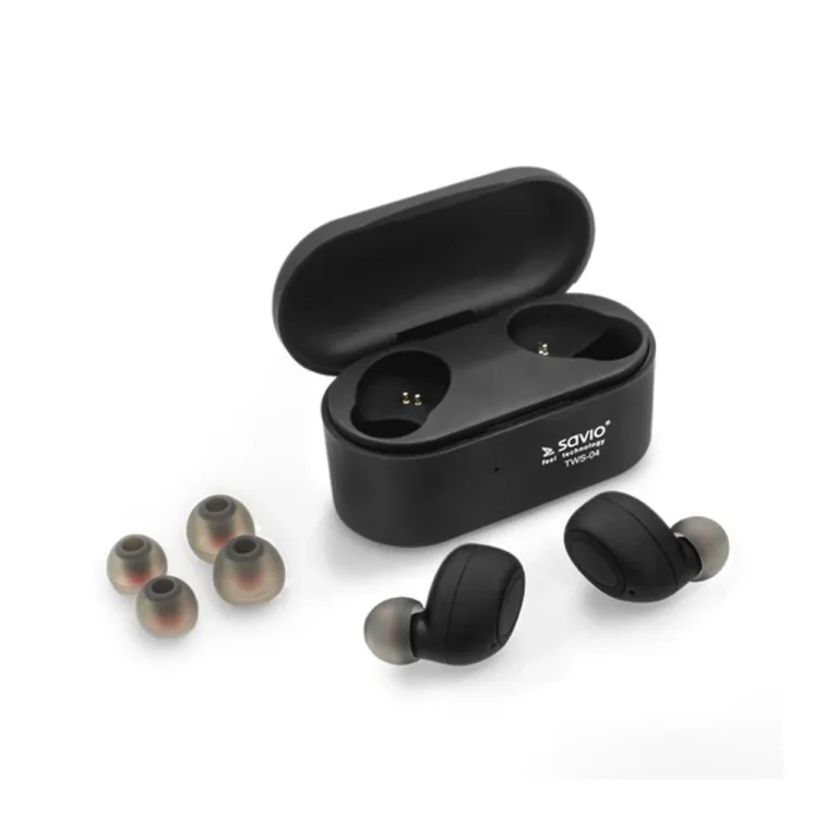 Savio TWS-04 Bluetooth 8,2 g must/grafiit juhtmevaba mono in-ear peakomplekt mürasummutuse ja laadimiskarbiga