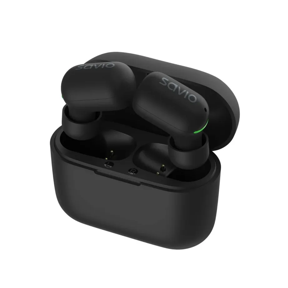 Savio TWS-09 mustad IPX5 juhtmevabad kõrvasisesed Bluetooth 5.1 kõrvaklapid muusika kuulamiseks, sisseehitatud mikrofoniga, 8-tunnine aku, puutejuhtimine – 8