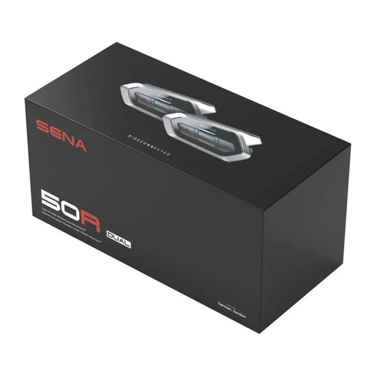 SENA 50R-02D Dual Pack 2 tk Bluetooth 5.0 ja Mesh 2.0 intercom, FM-raadio, must/hall, 97x48x27 mm mootorratta kiivrikomplekt