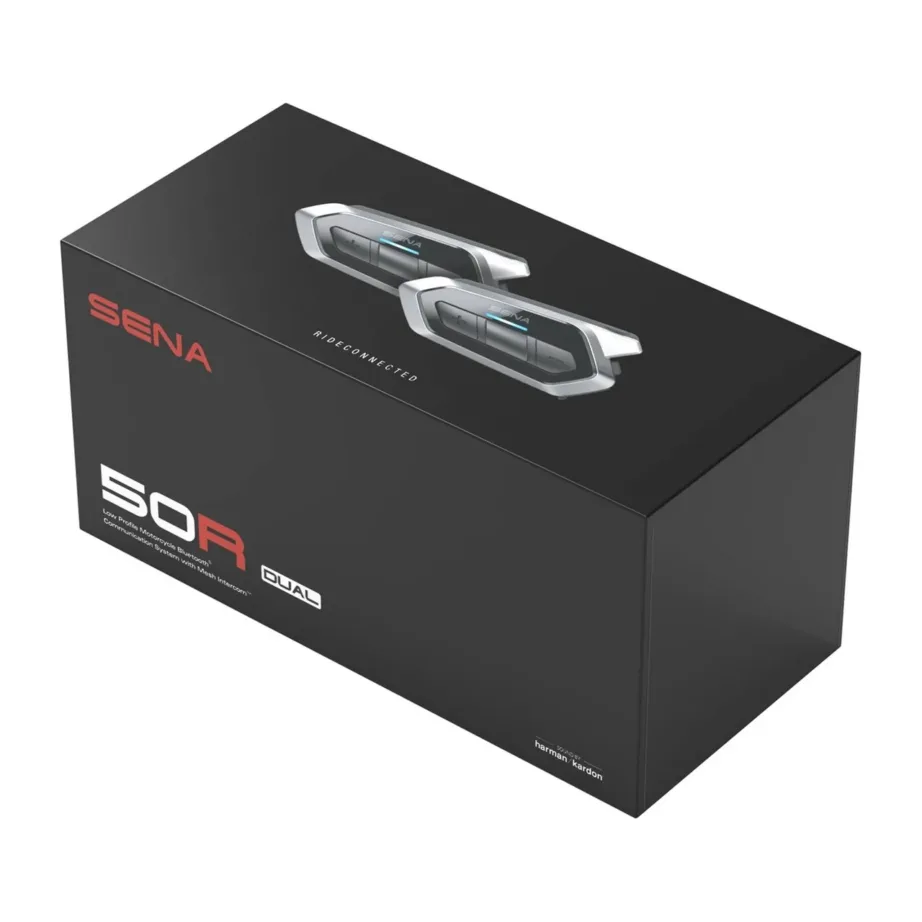 SENA 50R-02D Dual Pack 2 tk Bluetooth 5.0 ja Mesh 2.0 intercom, FM-raadio, must/hall, 97x48x27 mm mootorratta kiivrikomplekt – 2