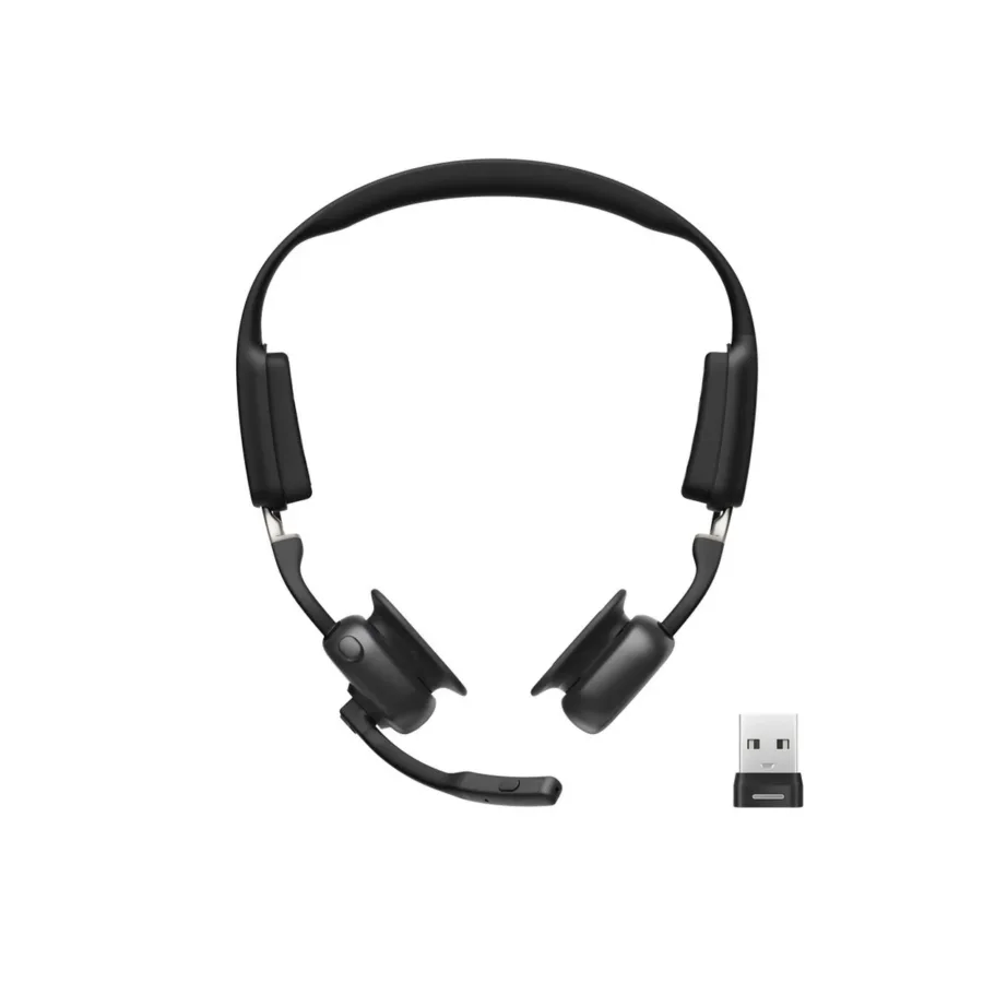 SHOKZ OpenMeet UC must luuülekandega Bluetooth peakomplekt mikrofoniga, USB-A adapteriga, 78 g, vee- ja mürakindel, kontorisse/lauaarvutile/sülearvutile