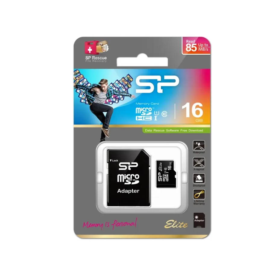 Silicon Power Elite SP016GBSTHBU1V10SP 16 GB microSDHC UHS-I Class 10 must veekindel mälukaart SD-adapteriga – 4