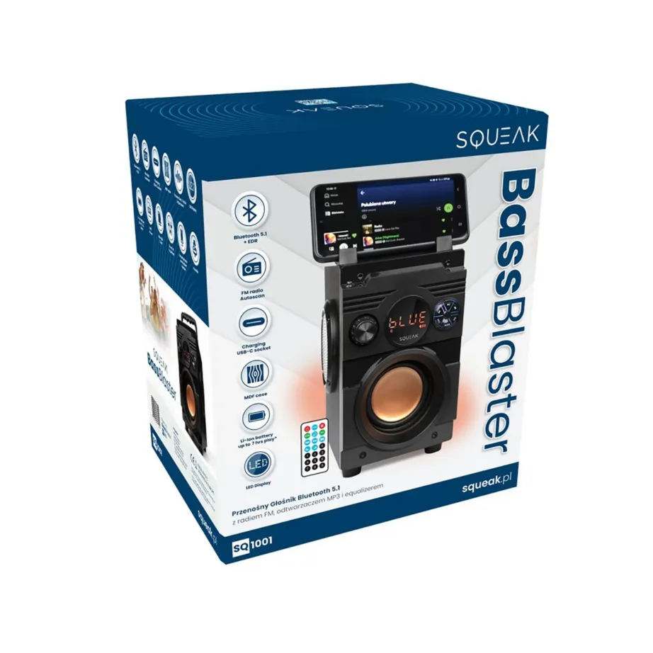 SQUEAK SQ1001 20W Bluetooth 5.1 kaasaskantav stereo kõlar LED-ekraani ja FM-raadioga, must, 7 h aku – 6