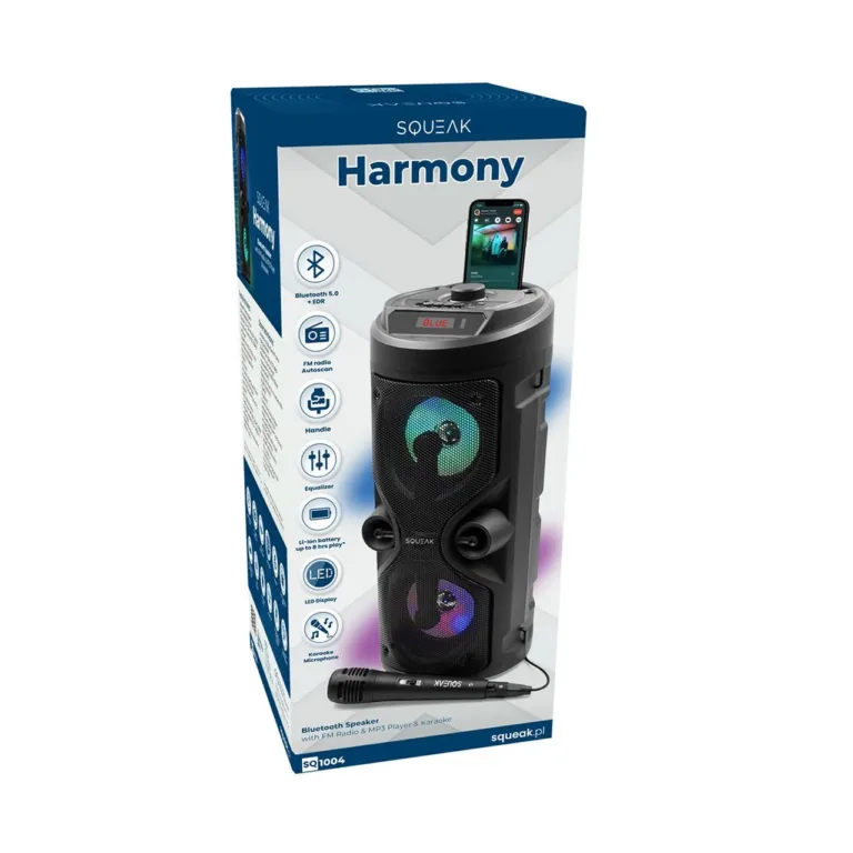 Squeak SQ1004 40W Bluetooth 5.0 LED-ekraaniga kaasaskantav karaoke kõlar mikrofoniga, FM-raadio, USB, SD, must (163x163x400 mm)