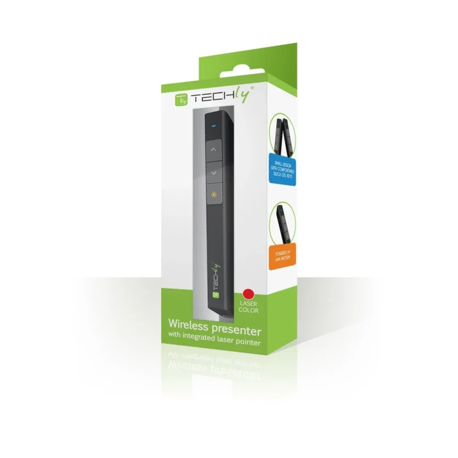 Techly ITC-LASER26 2.4GHz must traadita esitlusklikker ja laserpointer, USB vastuvõtja, 100 m ulatus, 1xAAA – 2