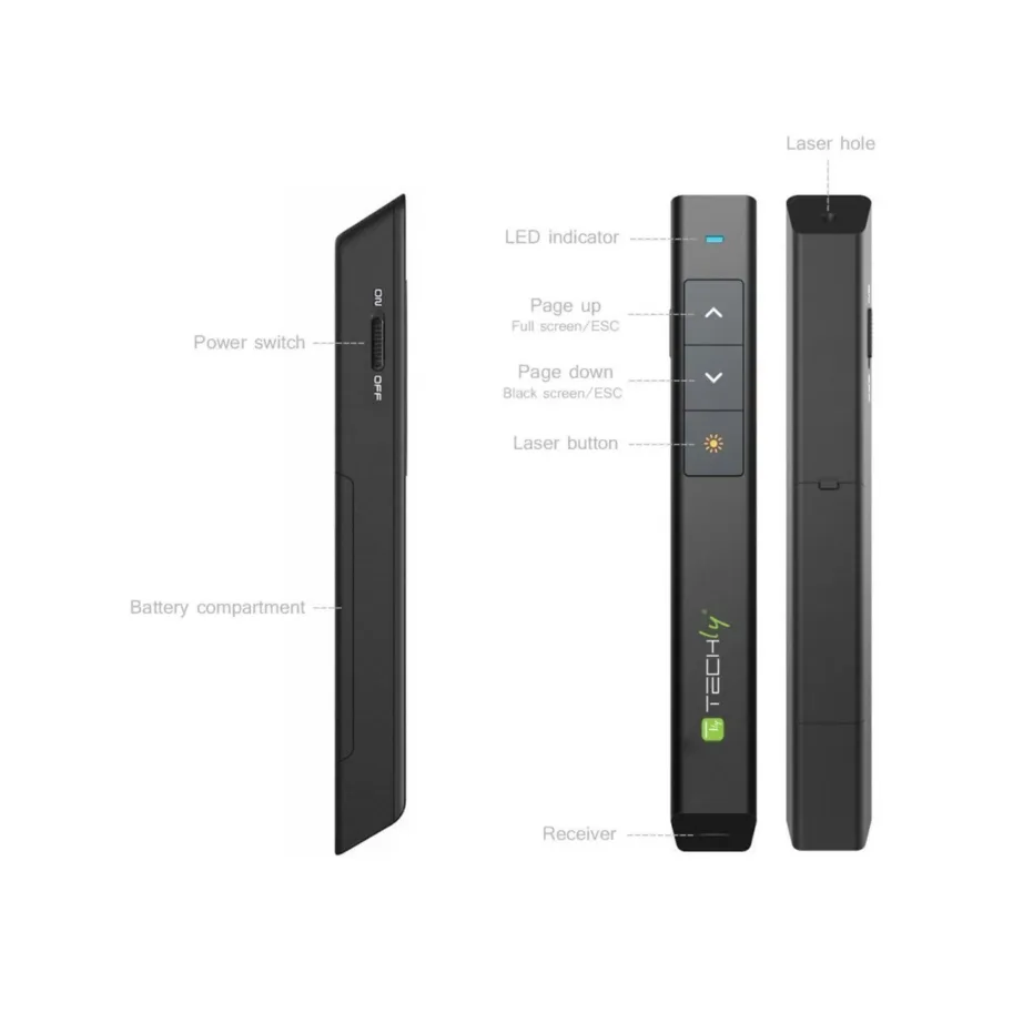 Techly ITC-LASER26 2.4GHz must traadita esitlusklikker ja laserpointer, USB vastuvõtja, 100 m ulatus, 1xAAA – 6