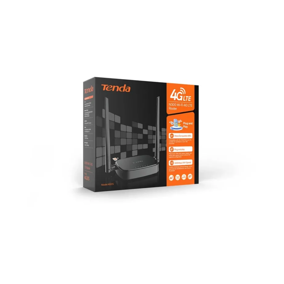 Tenda 4G05 must 4G/LTE ruuter 300 Mbit/s, 2 RJ-45 porti, NanoSIM, 2.4 GHz Wi-Fi – 4
