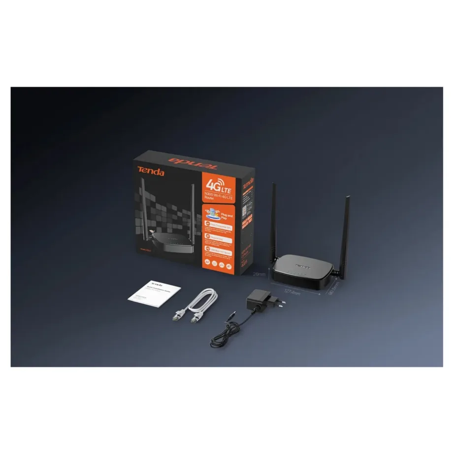 Tenda 4G05 must 4G/LTE ruuter 300 Mbit/s, 2 RJ-45 porti, NanoSIM, 2.4 GHz Wi-Fi – 6