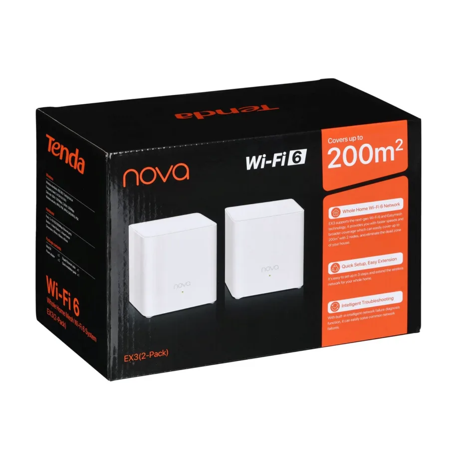 Tenda EX3 2-Pack valge Wi-Fi 6 (802.11ax) dual-band Mesh-süsteem, MU-MIMO, vanemliku järelevalve ja Amazon Alexa toega, 2 sisemist antenni – 7