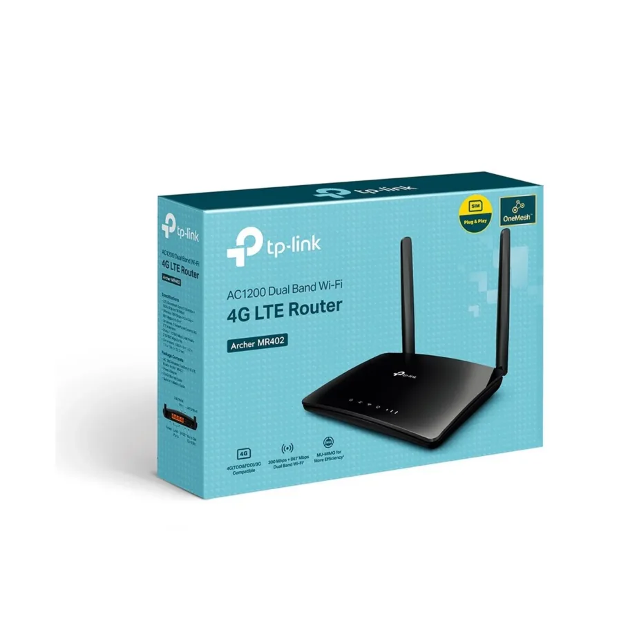 TP-Link Archer MR402 must 4G LTE kaheribaline Wi-Fi ruuter (2,4/5 GHz, 1167 Mbit/s, SIM-pesaga, 2 välisantenni, Fast Ethernet LAN/WAN) – 4