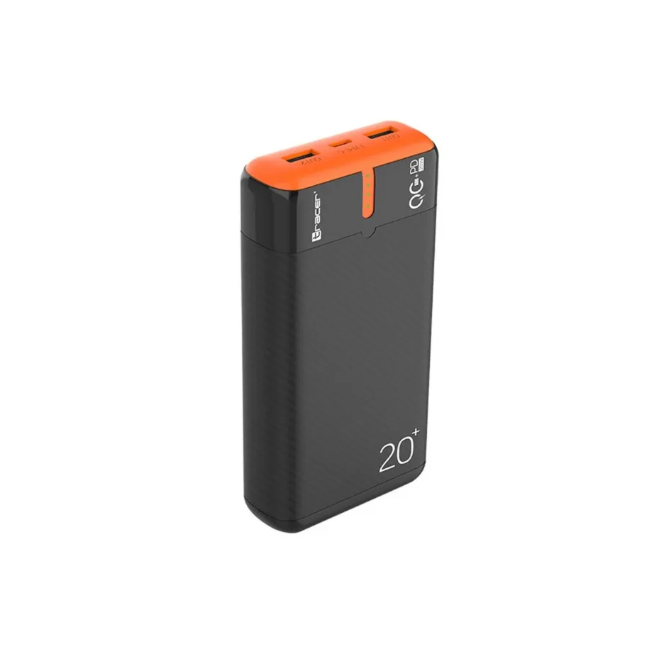 Tracer EnerGen TRABAT47516 20000 mAh must/oranž akupank, 2x USB-A, 1x USB-C, PD 20 W ja QC 3.0, kuni 3 seadmele