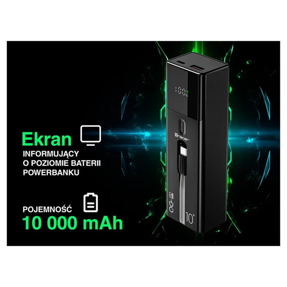 Tracer Quant TRABAT47641 10000mAh 100W PD+QC must akupank, 1x USB-C, 1x USB-A, kiirlaadimine, 121 g - 10