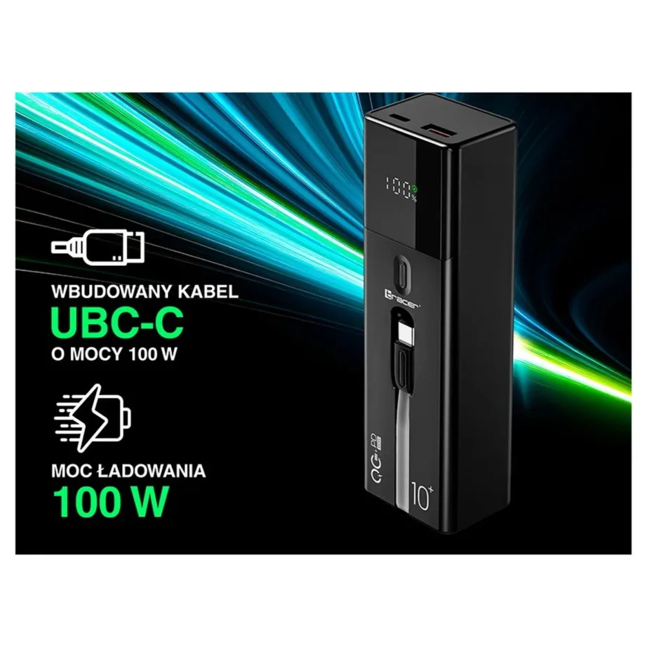 Tracer Quant TRABAT47641 10000mAh 100W PD+QC must akupank, 1x USB-C, 1x USB-A, kiirlaadimine, 121 g - 12