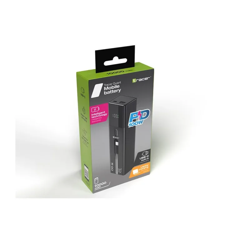 Tracer Quant TRABAT47641 10000mAh 100W PD+QC must akupank, 1x USB-C, 1x USB-A, kiirlaadimine, 121 g