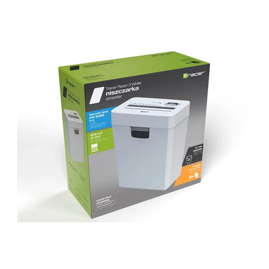 Tracer TRANIS47584 Razor 3 valge paberipurustaja, 6 lehte, 6 mm ribalõik, 10L prügikast, krediitkaartide hävitus – 7
