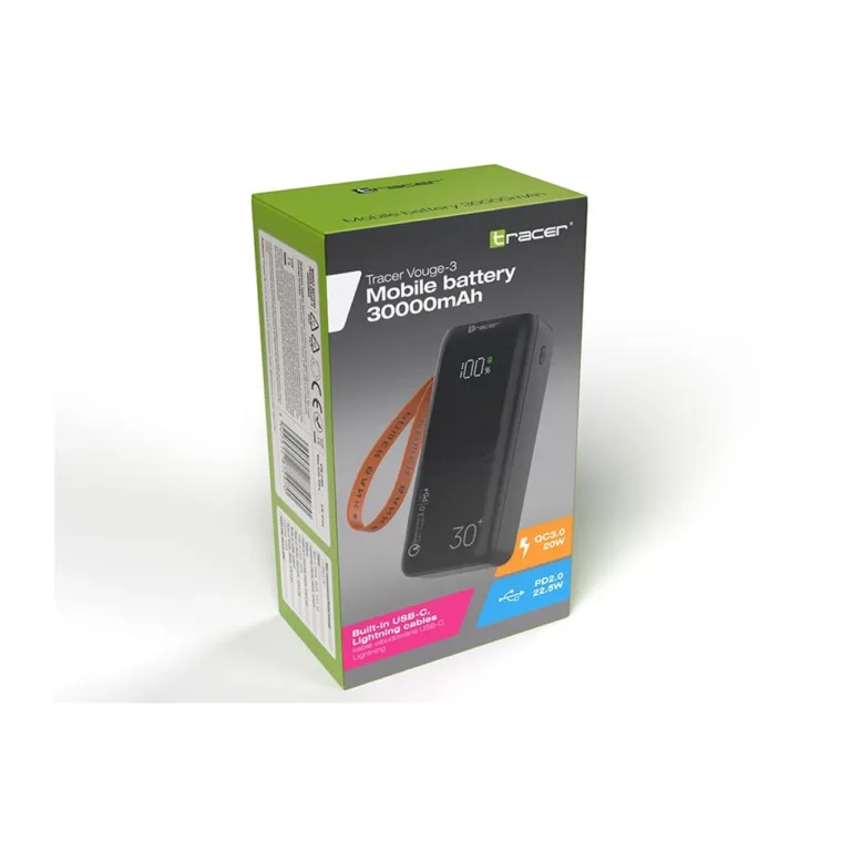 Tracer Vouge-3 TRABAT47369 30000 mAh must kiirlaadimisega akupank LCD-ekraaniga, 2x USB-A ja USB-C, taskulambiga