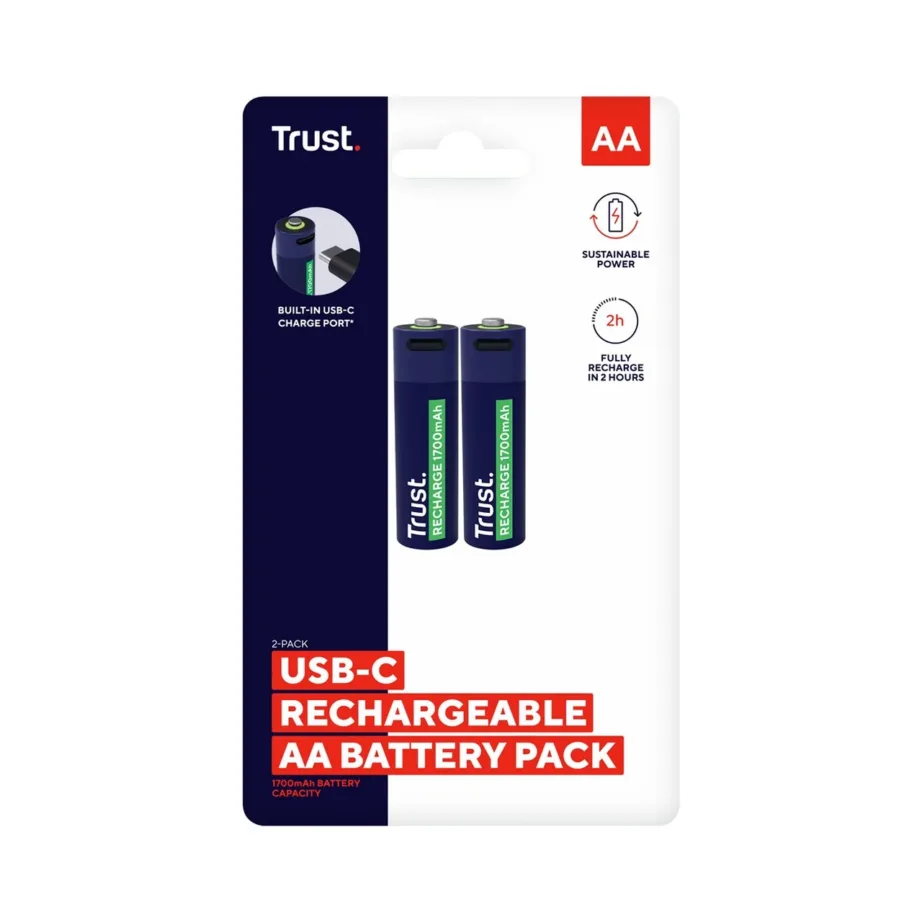 Trust 25584 2x AA 1700mAh 800 tsükliga USB-C laetavad patareid, roheline/sinine – 5