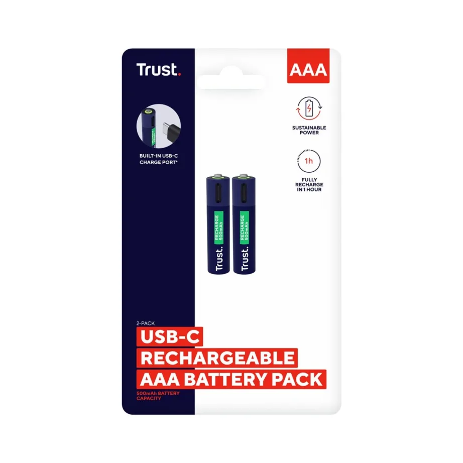 Trust 25585 2×AAA 500mAh sinine/roheline laetav aku USB-C-ga, 1h laadimine, 800 tsüklit – 5