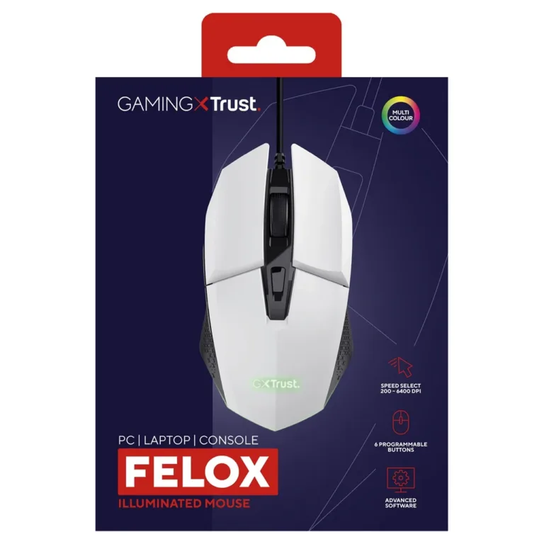 Trust GXT 109W Felox 6400 DPI valge optiline mängurihiir 6 programmeeritava nupu ja RGB-valgustusega, juhtmega USB, paremakäeline