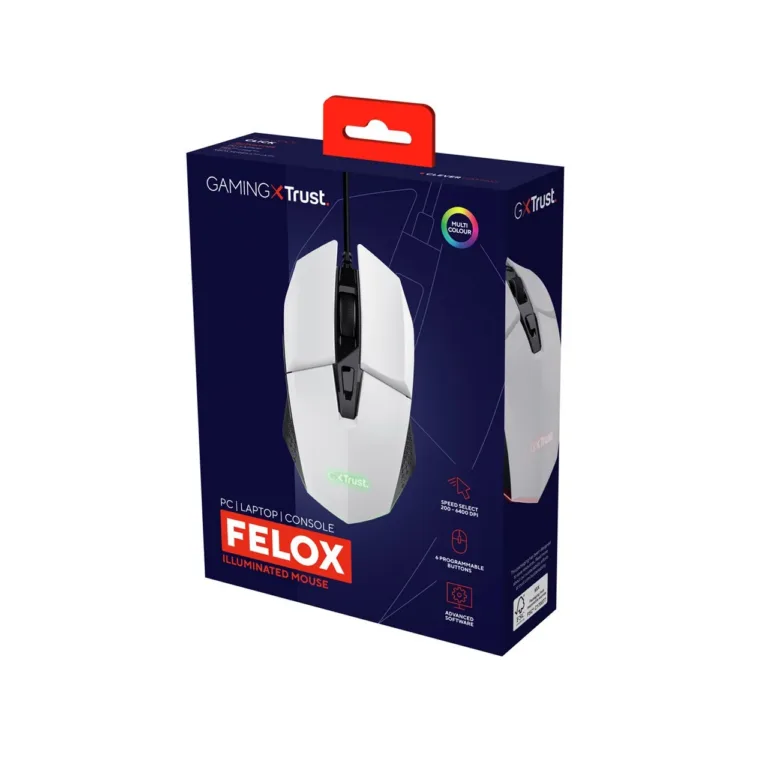 Trust GXT 109W Felox 6400 DPI valge optiline mängurihiir 6 programmeeritava nupu ja RGB-valgustusega, juhtmega USB, paremakäeline