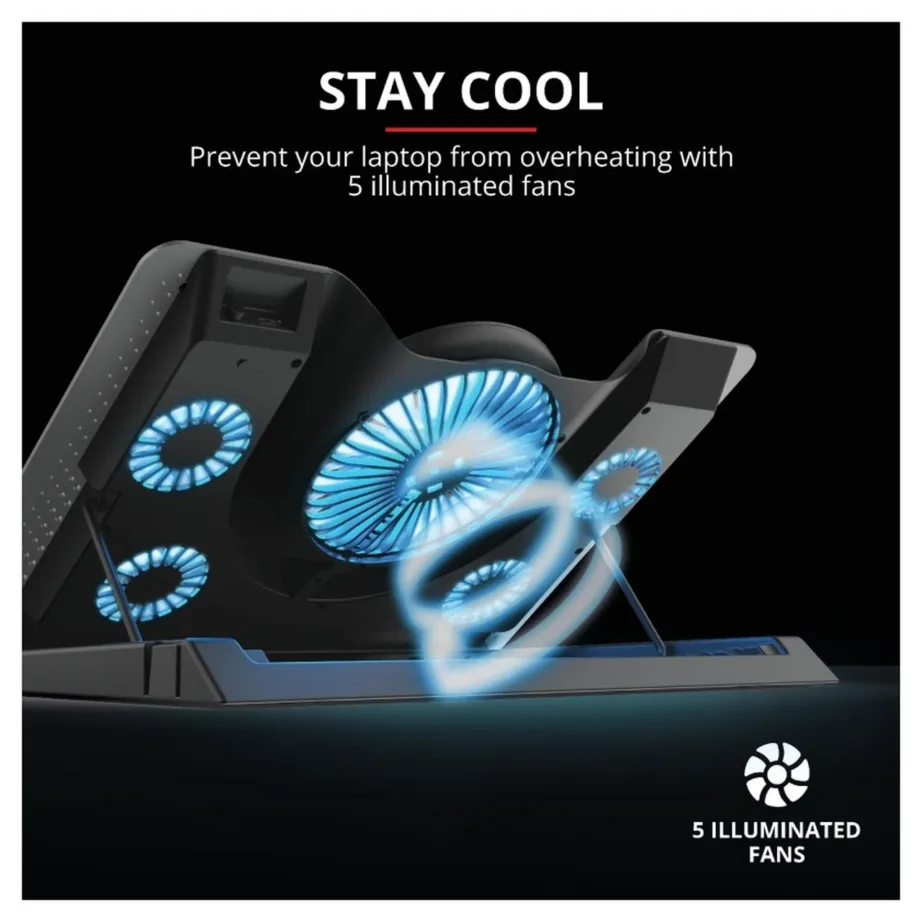 Trust GXT 1125 Quno 17″ alumiiniumist sülearvutialus viie ventilaatoriga, USB-toitega, must, 43,2 cm, reguleeritav – 10