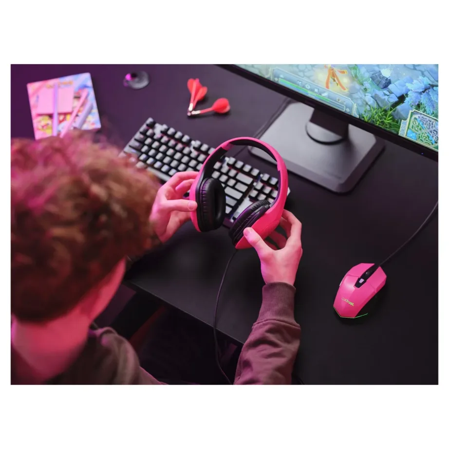 Trust GXT 415P Zirox Powerful Pink juhtmega 2 m mänguripeakomplekt ABS peavõruga, 50 mm neodüüm-draiverid, kokkupandava mikrofoniga – 8
