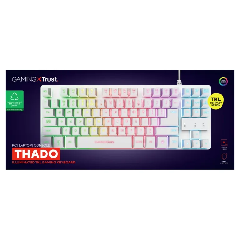 Trust GXT 833W Thado TKL 87-klahviline RGB LED valge mänguriklaviatuur, US QWERTY, juhtmega USB
