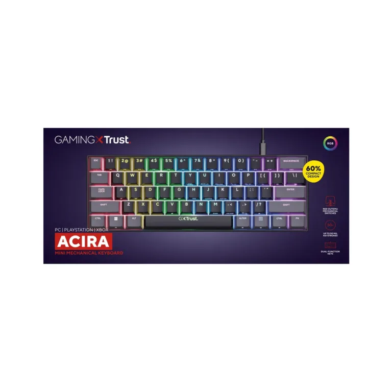 Trust GXT 867 Acira 60% mehaaniline RGB-taustvalgustusega mänguriklaviatuur US paigutusega, must, eemaldatav 1,8 m USB-kaabel
