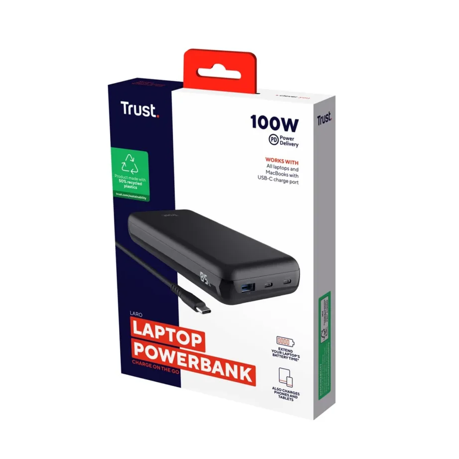 Trust Laro 25240 100W must sülearvuti akupank 3 seadmele, 2x USB-C, 1x USB-A, 144x83x27 mm – 8