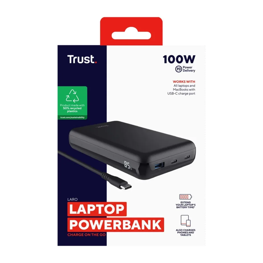 Trust Laro 25240 100W must sülearvuti akupank 3 seadmele, 2x USB-C, 1x USB-A, 144x83x27 mm – 9