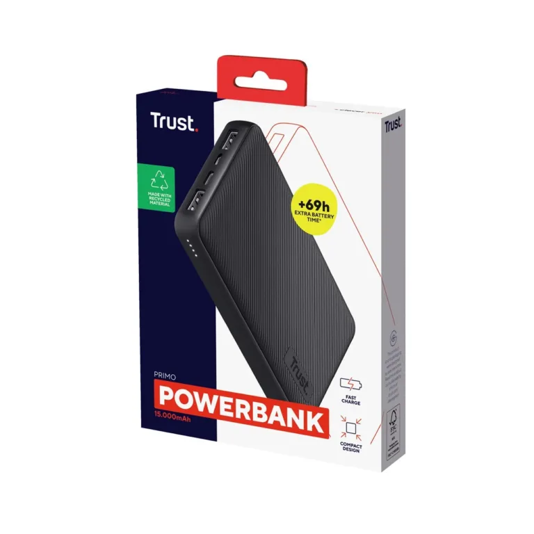 Trust Primo 24677 15000 mAh must Li-ion kiirlaadimisega powerbank 3 seadmele (USB-A/USB-C), mobiilidele ja tahvelarvutitele
