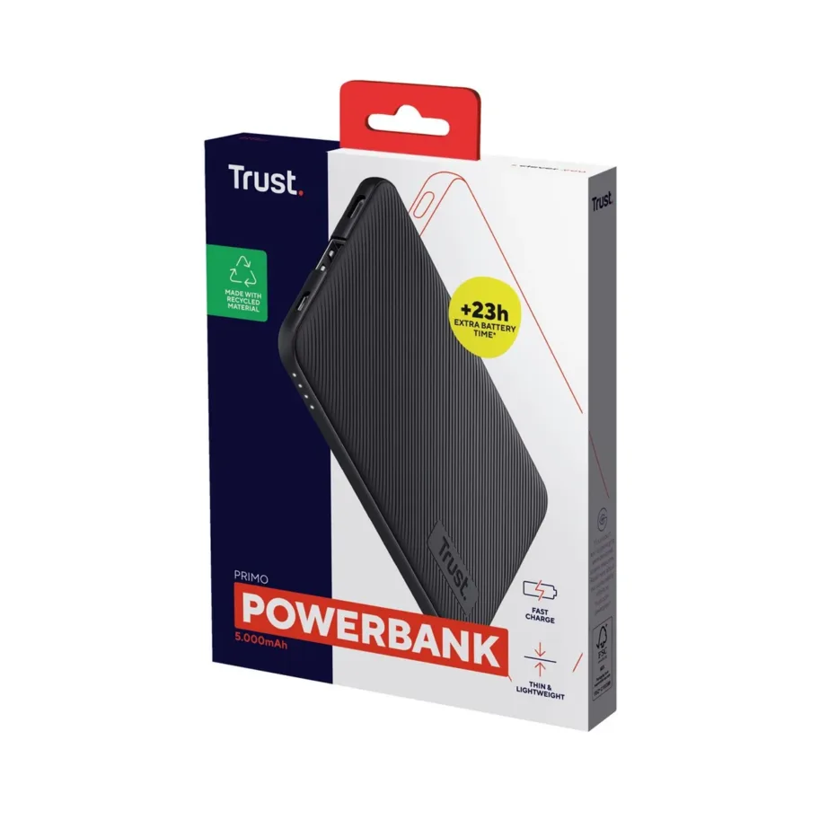 Trust Primo 24679 5000 mAh must õhuke Li-Ion akupank, 2 väljundit, kiirlaadimine, USB-A ja USB-C, nutitelefonile ja tahvelarvutile – 6
