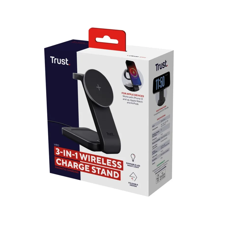 Trust Viro 25464 must 3-in-1 juhtmevaba magnetiline laadimisalus iPhone’i, Apple Watchi ja AirPodside jaoks (15 W, USB-C, mõõdud 139x71x52 mm) – 13