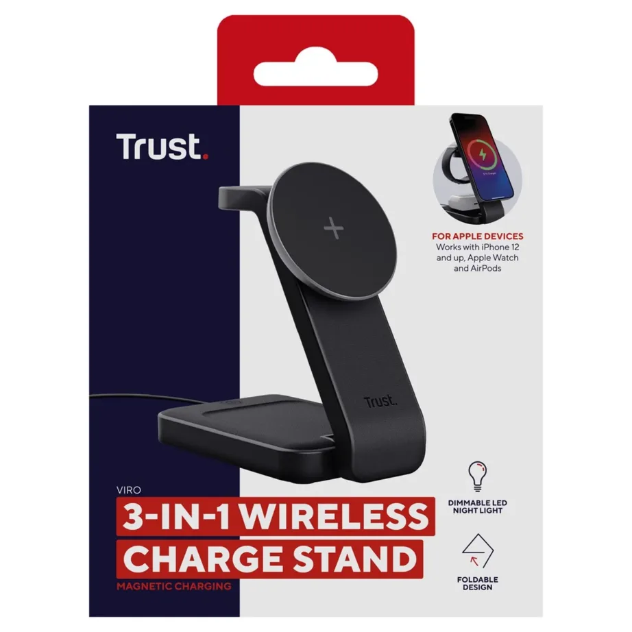 Trust Viro 25464 must 3-in-1 juhtmevaba magnetiline laadimisalus iPhone’i, Apple Watchi ja AirPodside jaoks (15 W, USB-C, mõõdud 139x71x52 mm) – 14