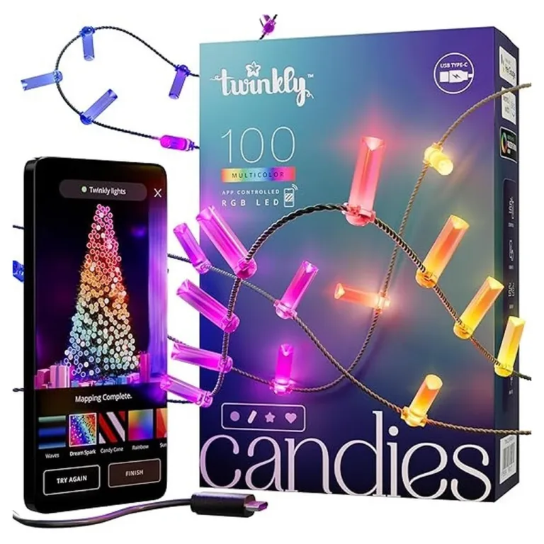 Twinkly Candies TWKC100RGB-G 6 m 100 RGB LED multivärvilised küünlakujulised nutijõulutuled, Wi-Fi, Bluetooth, USB-C, sisetingimustesse