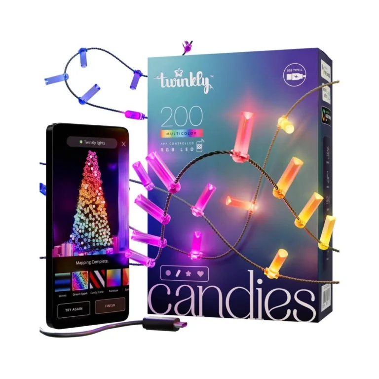 Twinkly Candies TWKC200RGB-G 12 m 200 RGB LED küünlakujuline nutikas jõulutulukett siseruumidesse, USB-C, värvimuutev, ühilduv Alexa/Google/Razer