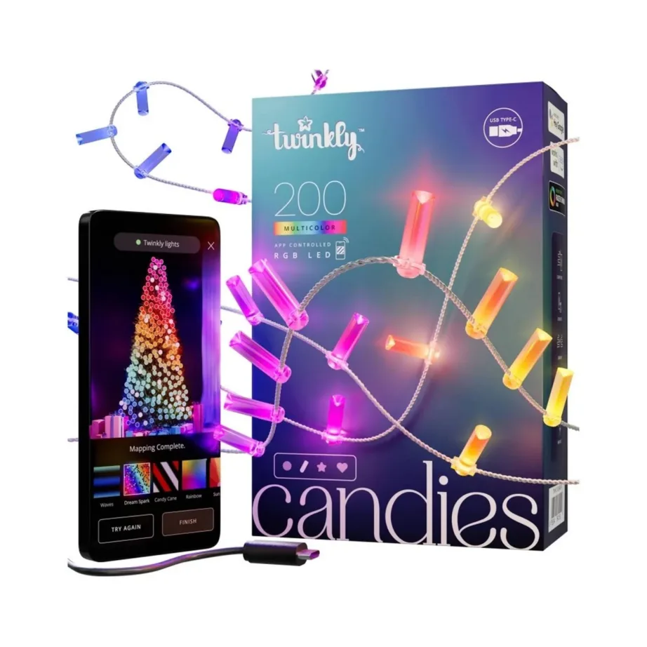 Twinkly Candies TWKC200RGB-T 12 m 200 RGB küünlakujulised LED-jõulutuled, mitmevärviline, WiFi/Bluetooth, USB-C, IP20, nutijuhtimine